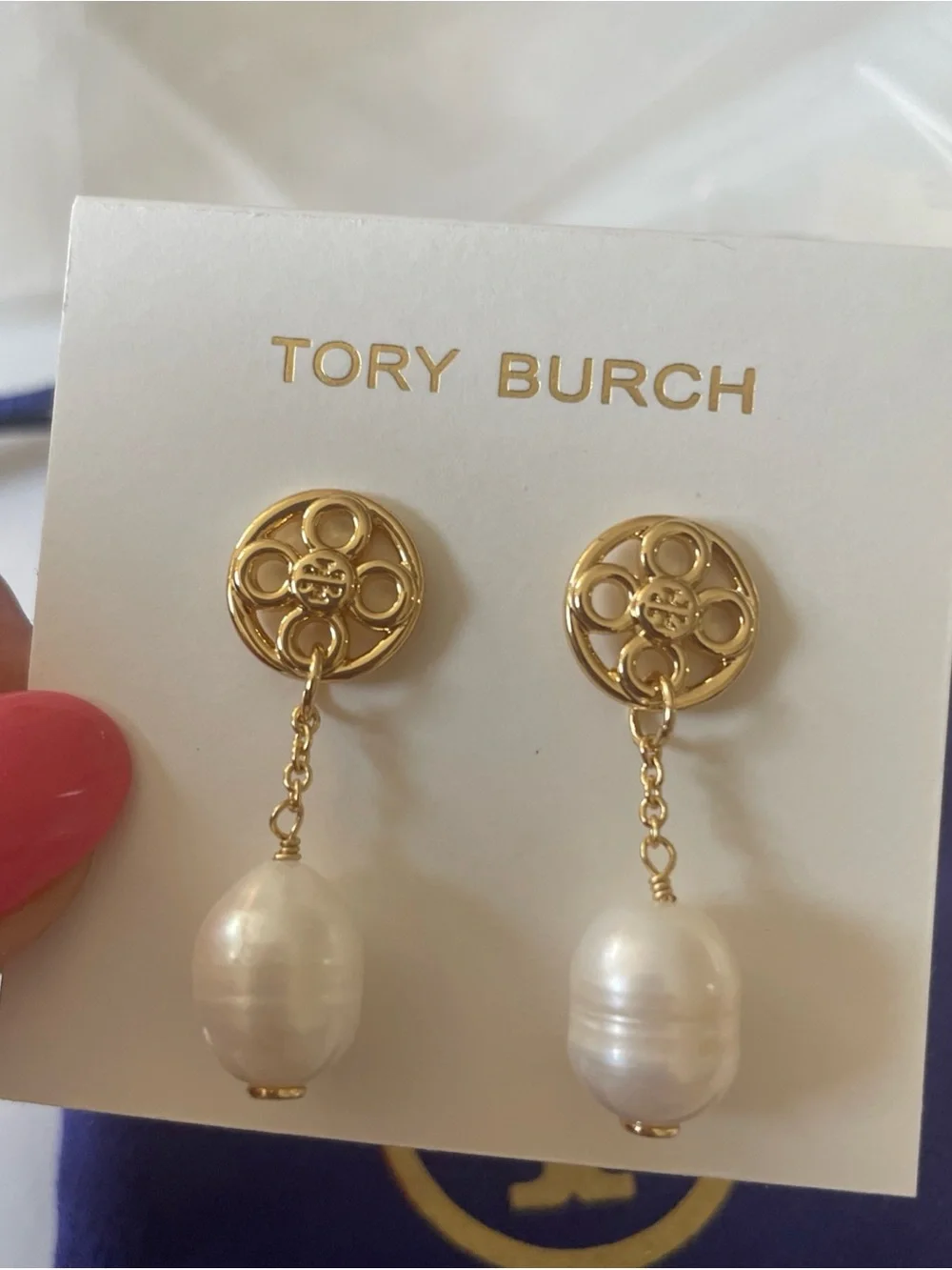 Tory Burch Gold Logo Drop Earrings with Cream Pearl